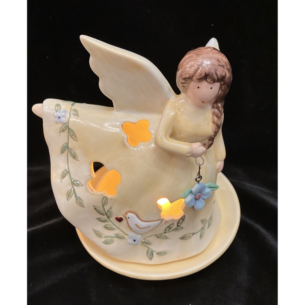 Angel Fairy Lamp 4.25" Russ Berrie, Hand-painted Yellow Dress Bird/Floral VTG